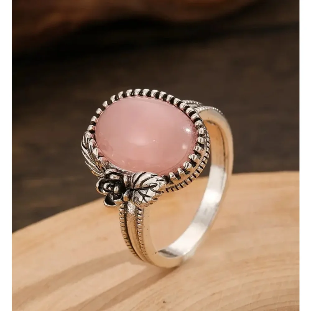 Boho Pink Oval Stone set in Floral Silver Ring